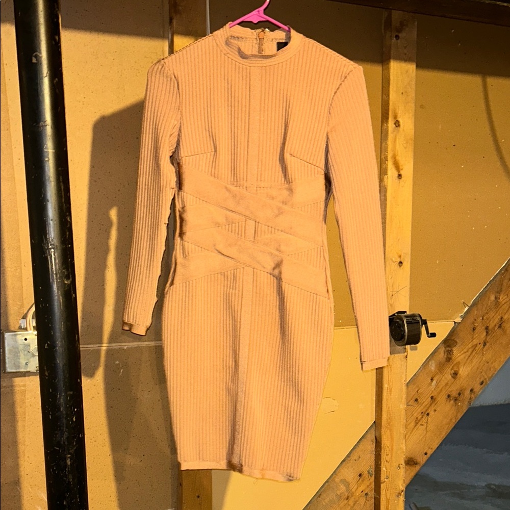 Elegant Tan Ribbed Dress